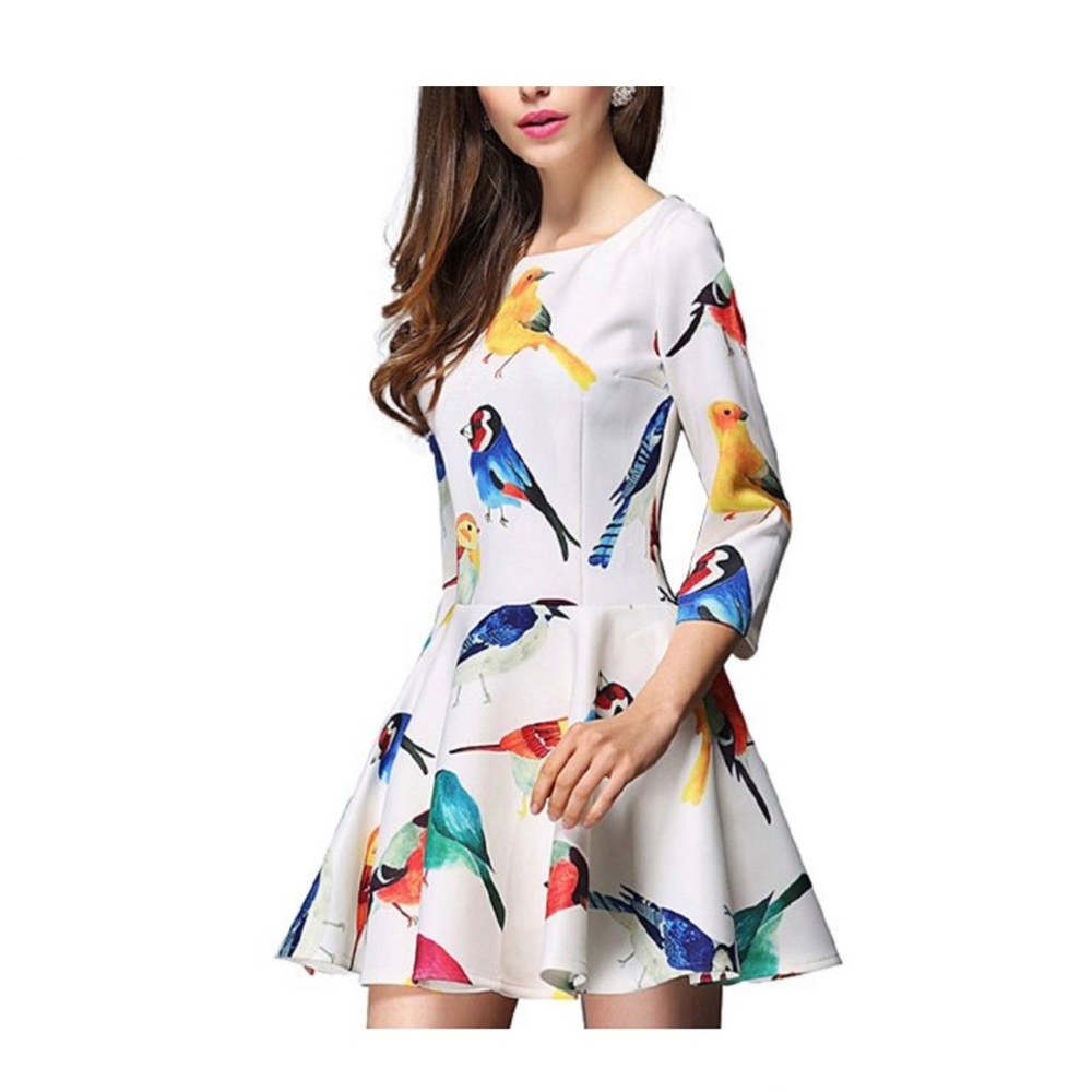 White Fit & Flare Mini Dress with Colorful Birds Pattern
